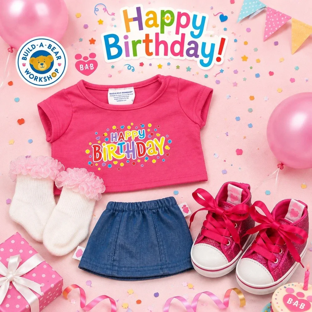 Build A Bear Birthday Outfit Clothes Lot Shirt Skirt Glitter Shoes Socks BABW